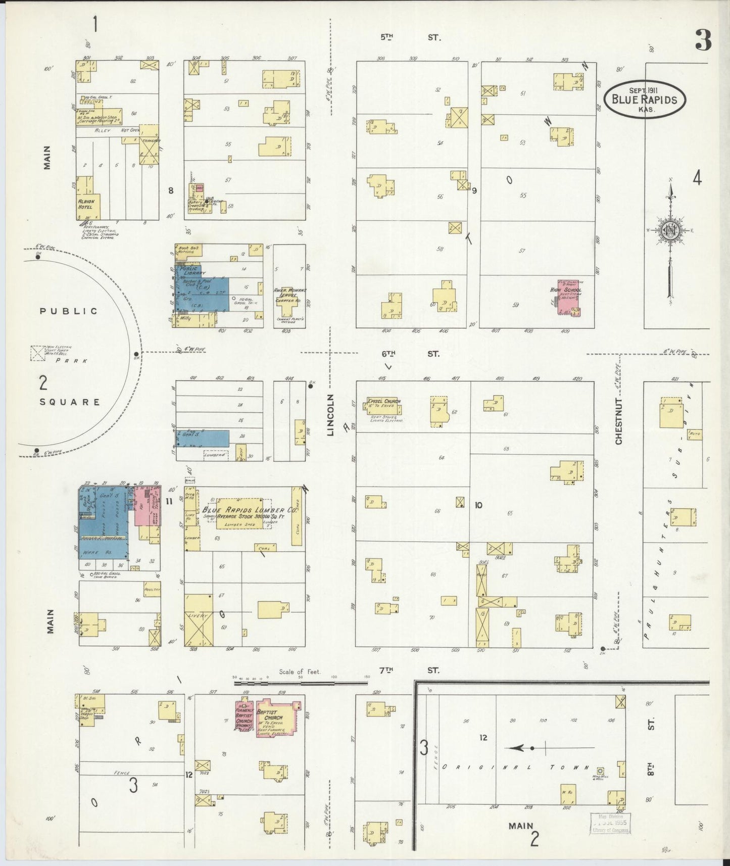 Sanborn Fire Insurance Map from Blue Rapids, Marshall County, Kansas (1911), Sheet #0003 - Historic Sanborn Fire Insurance Map Print, vintage old map wall art, antique decor, genealogy gift, Kansas Kansas map