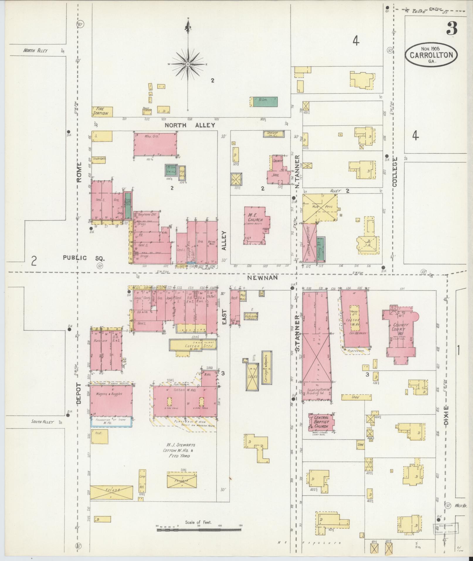 Sanborn Fire Insurance Map from Carrollton, Carroll County, Georgia (1905), Sheet #0003 - Complete Map Set gallery image, historic Sanborn map, vintage wall art, Georgia Georgia