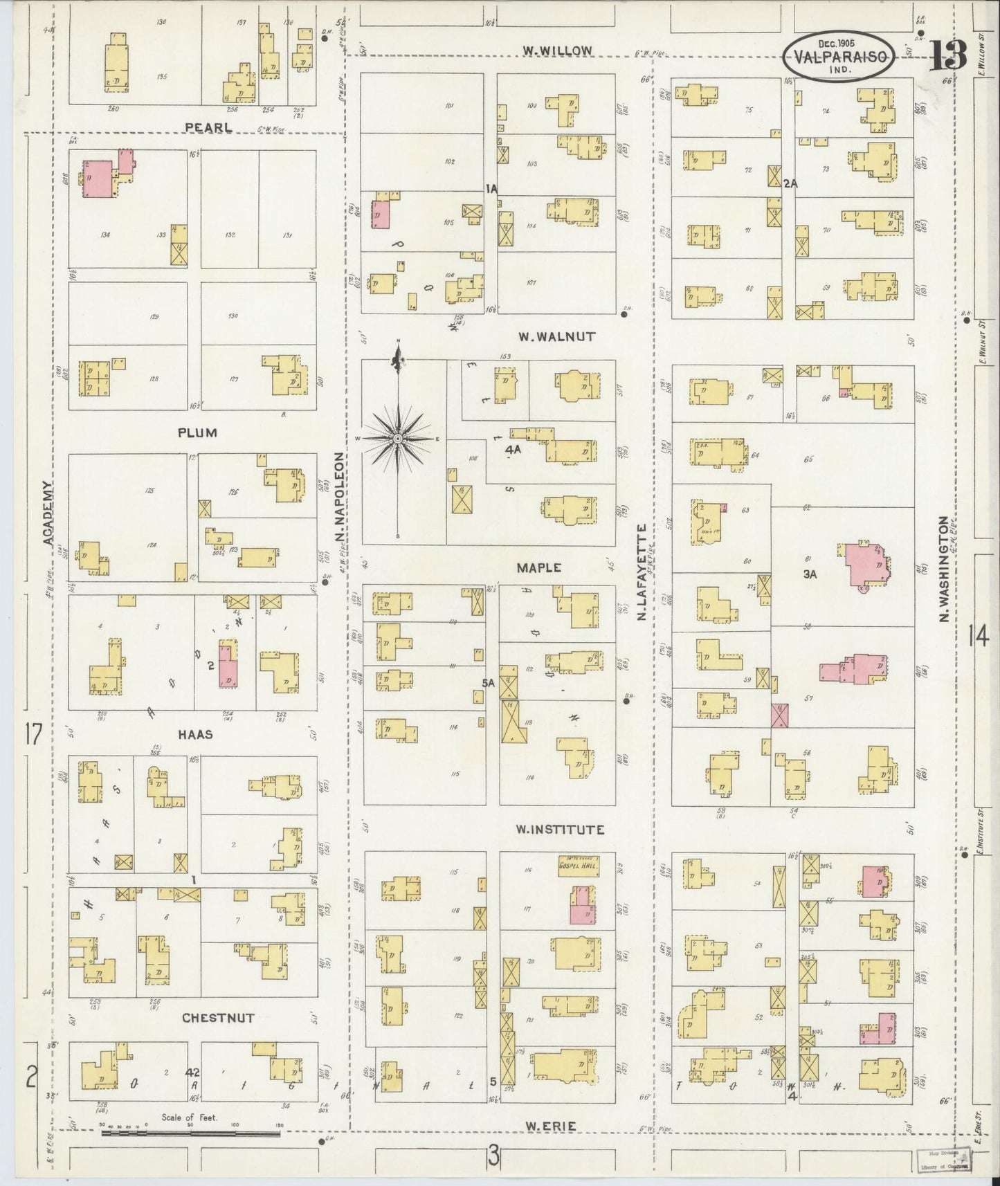 Sanborn Fire Insurance Map from Valparaiso, Porter County, Indiana (1905), Sheet #0013 - Complete Map Set gallery image, historic Sanborn map, vintage wall art, Indiana Indiana