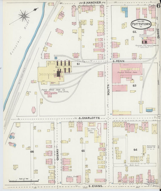 Sanborn Fire Insurance Map from Pottstown, Montgomery County, Pennsylvania (1891), Sheet #0006 - Historic Sanborn Fire Insurance Map Print, vintage old map wall art, antique decor, genealogy gift, Pennsylvania Pennsylvania map