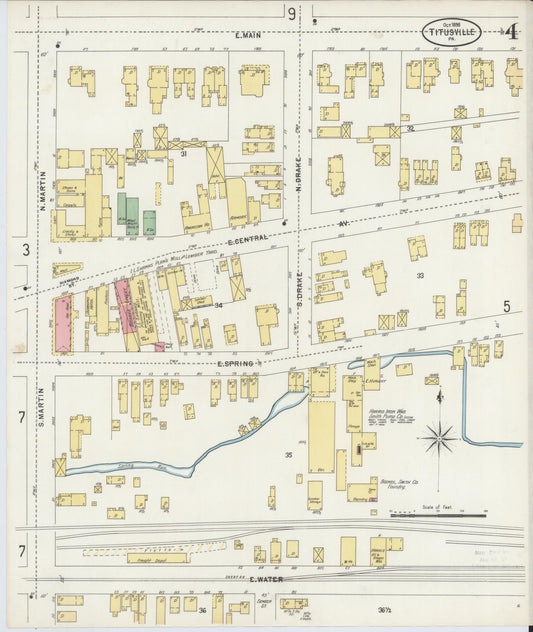 Sanborn Fire Insurance Map from Titusville, Crawford County, Pennsylvania (1898), Sheet #0004 - Historic Sanborn Fire Insurance Map Print, vintage old map wall art, antique decor, genealogy gift, Pennsylvania Pennsylvania map