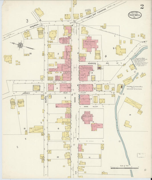 Sanborn Fire Insurance Map from Tazewell, Tazewell County, Virginia (1913), Sheet #0002 - Historic Sanborn Fire Insurance Map Print, vintage old map wall art, antique decor, genealogy gift, Virginia Virginia map