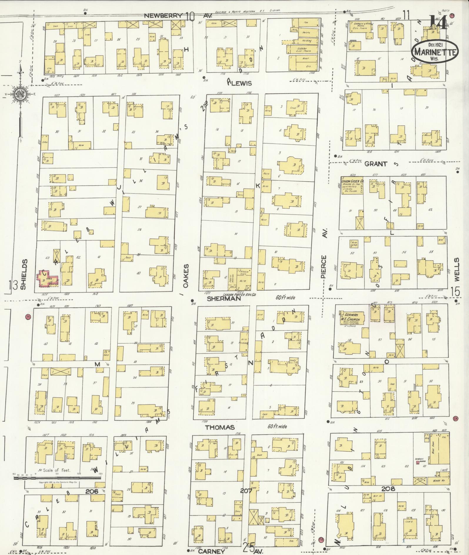 Sanborn Fire Insurance Map from Marinette, Marinette County, Wisconsin (1921), Sheet #0014 - Historic Sanborn Fire Insurance Map Print, vintage old map wall art, antique decor, genealogy gift, Wisconsin Wisconsin map