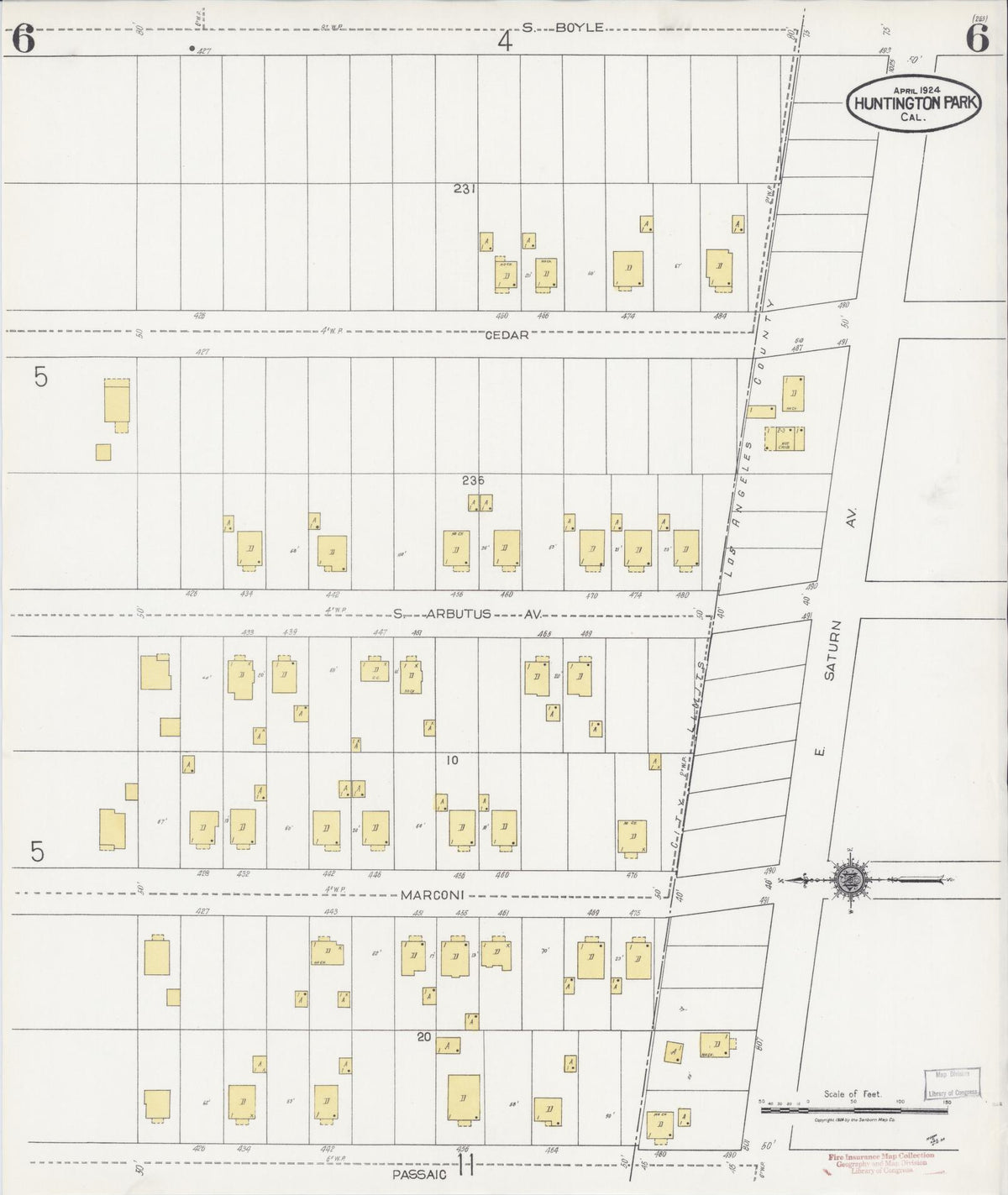 Sanborn Fire Insurance Map from Huntington Park, Los Angeles County, California (1924), Sheet #0006 - Complete Map Set gallery image, historic Sanborn map, vintage wall art, California California