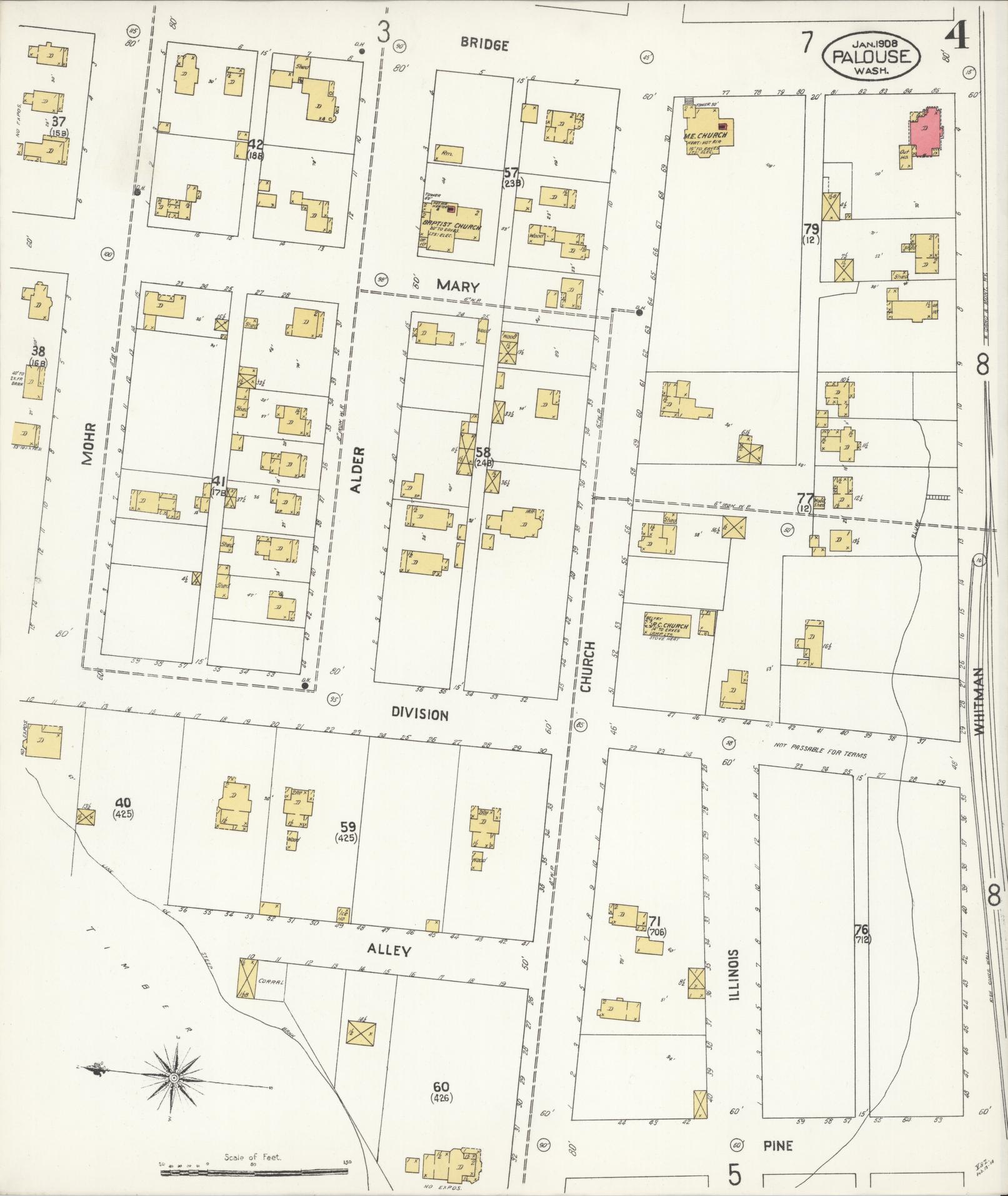 Sanborn Fire Insurance Map from Palouse City, Whitman County, Washington (1908), Sheet #0004 - Historic Sanborn Fire Insurance Map Print, vintage old map wall art, antique decor, genealogy gift, Washington Washington map