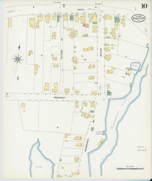 Sanborn Fire Insurance Map from Babylon, Suffolk County, New York (1908), Sheet #0010 - Historic Sanborn Fire Insurance Map Print, vintage old map wall art, antique decor, genealogy gift, New York New York map