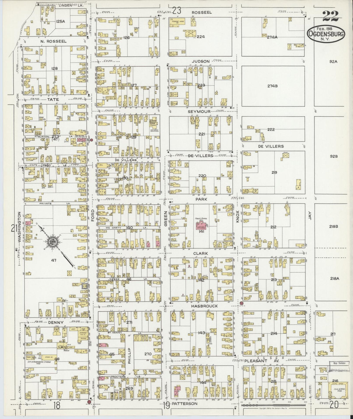 Sanborn Fire Insurance Map from Ogdensburg, St. Lawrence County, New York (1918), Sheet #0022 - Complete Map Set gallery image, historic Sanborn map, vintage wall art, New York New York