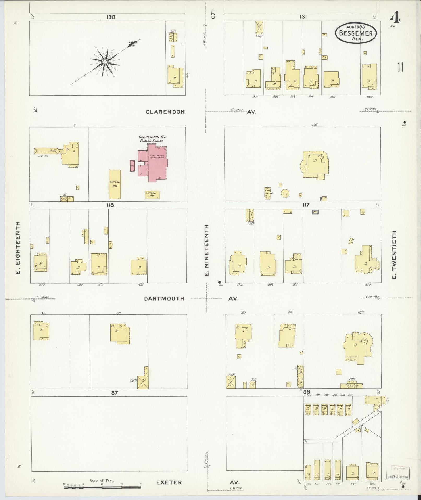 Sanborn Fire Insurance Map from Bessemer, Jefferson County, Alabama (1908), Sheet #0004 - Complete Map Set gallery image, historic Sanborn map, vintage wall art, Alabama Alabama