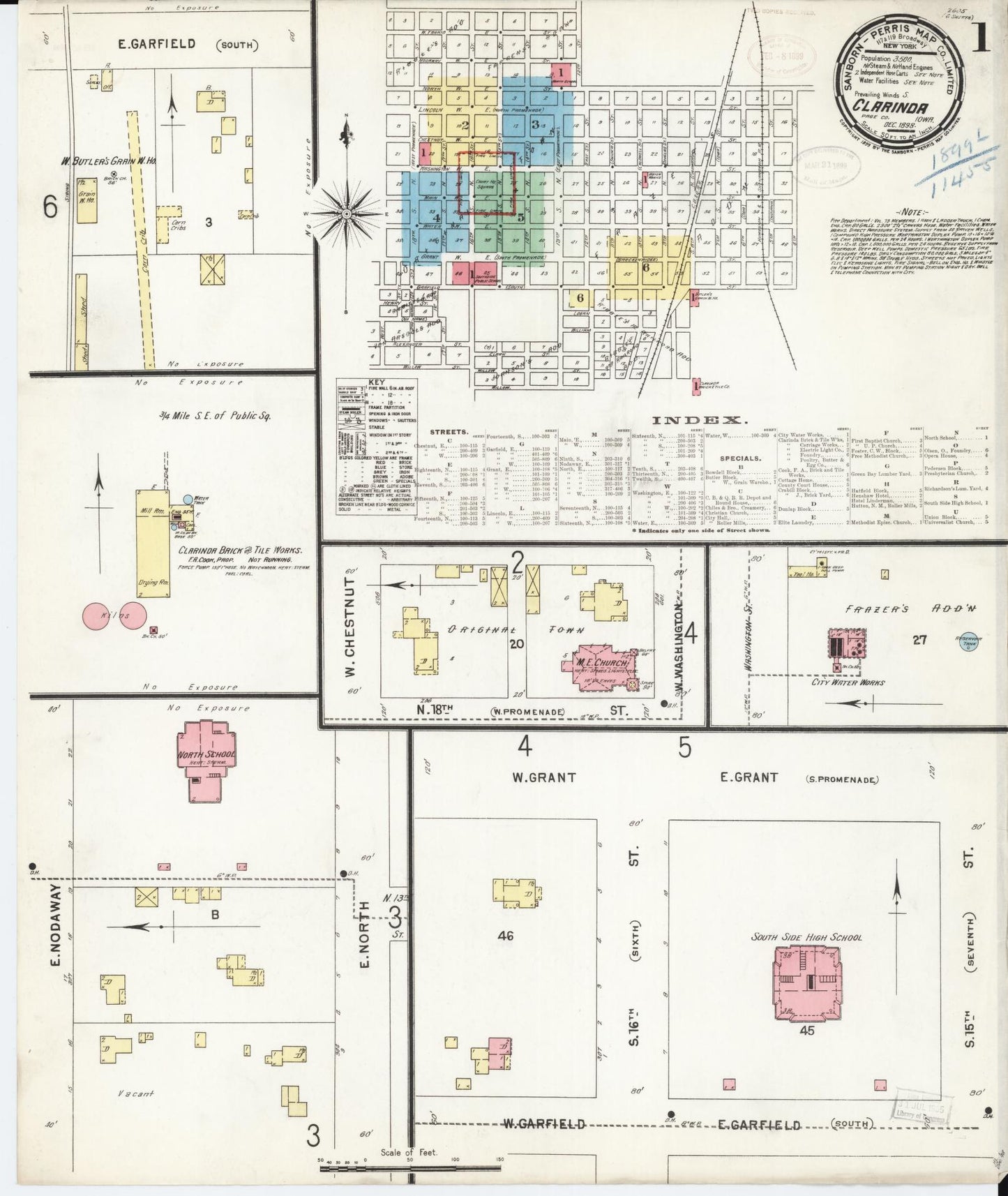 Sanborn Fire Insurance Map from Clarinda, Page County, Iowa (1898), Sheet #0001 - Historic Sanborn Fire Insurance Map Print, vintage old map wall art