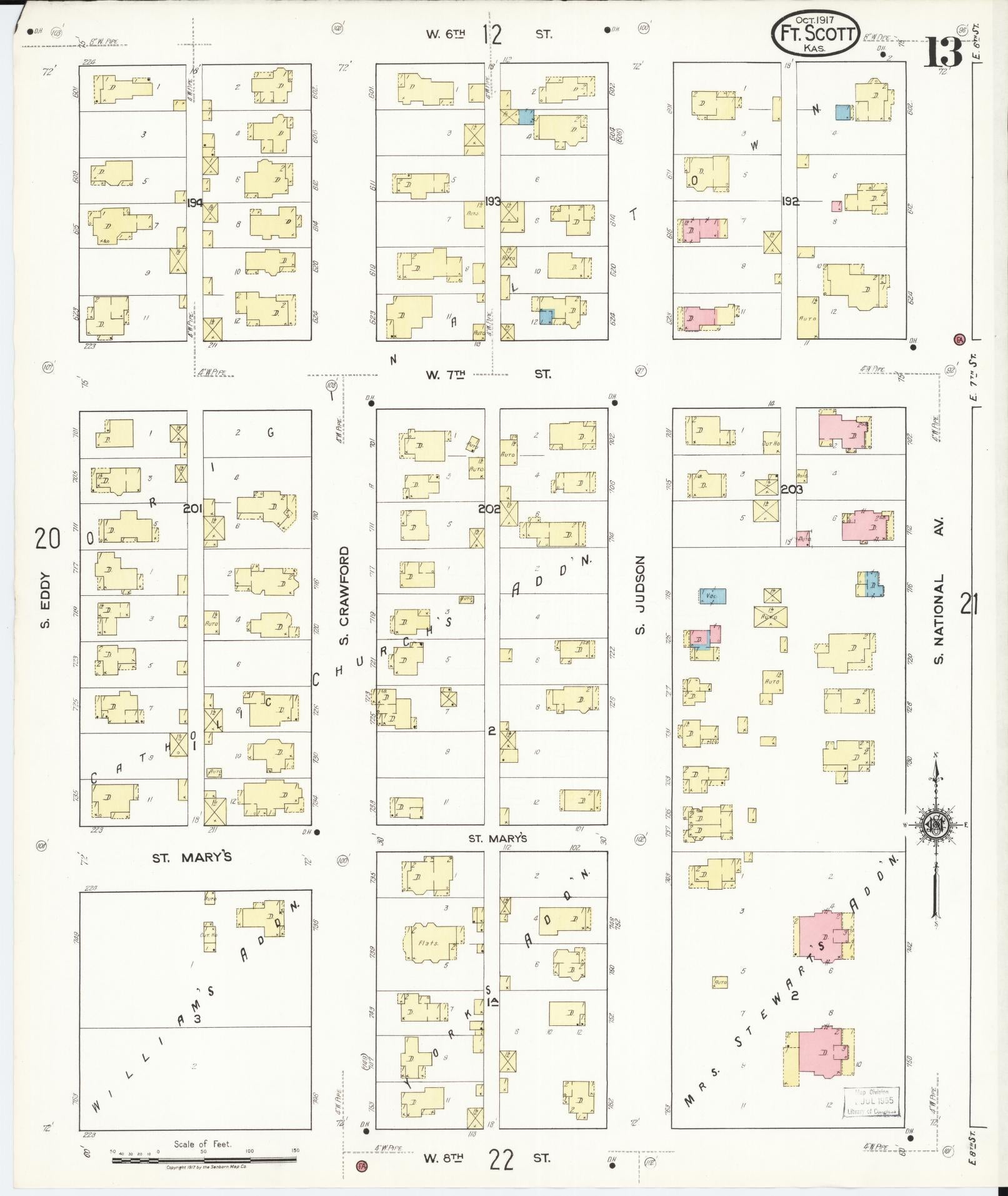 Sanborn Fire Insurance Map from Fort Scott, Bourbon County, Kansas (1917), Sheet #0013 - Historic Sanborn Fire Insurance Map Print, vintage old map wall art, antique decor, genealogy gift, Kansas Kansas map