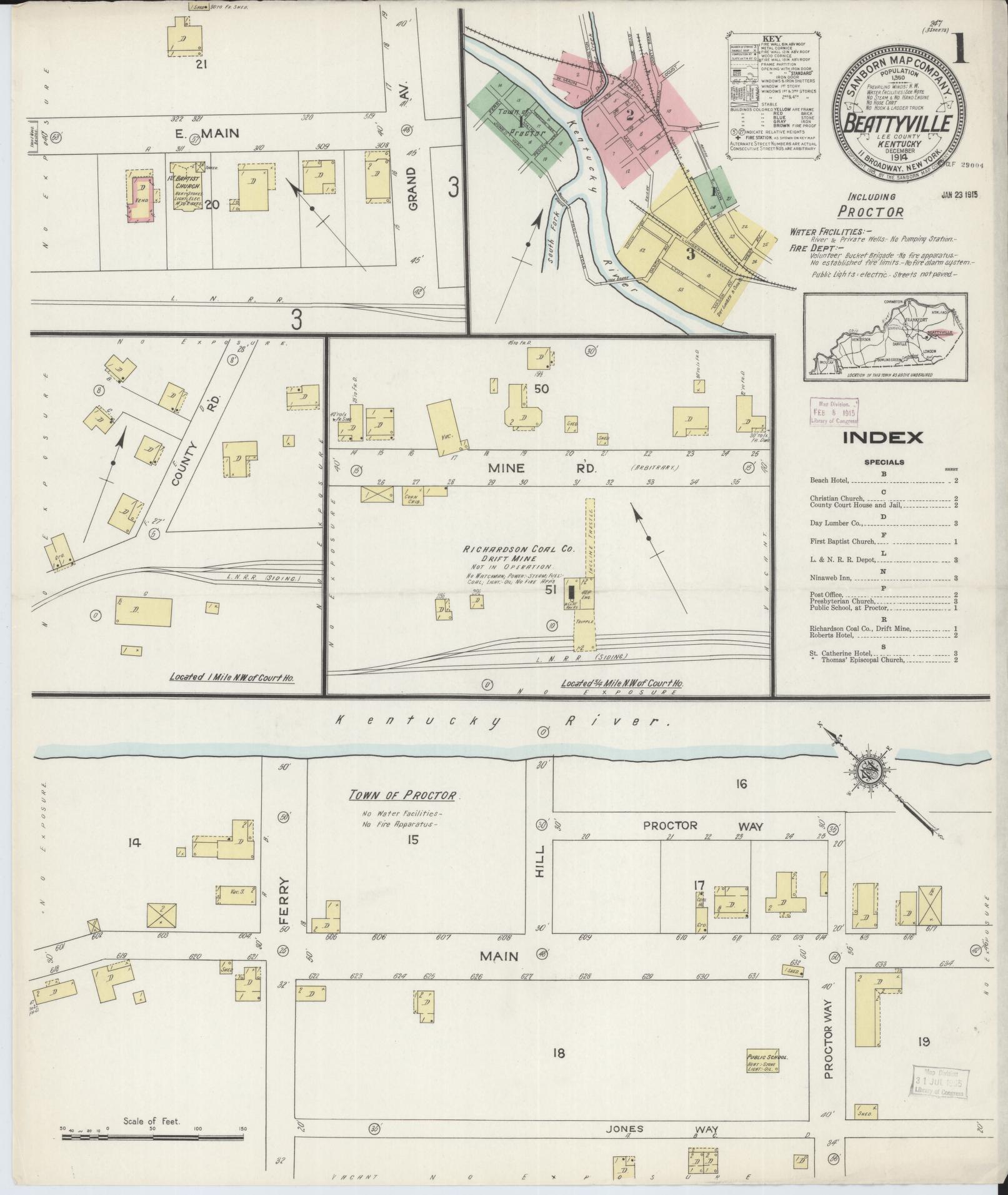 Sanborn Fire Insurance Map from Beattyville, Lee County, Kentucky (1914), Sheet #0001 - Historic Sanborn Fire Insurance Map Print, vintage old map wall art, antique decor, genealogy gift, Kentucky Kentucky map