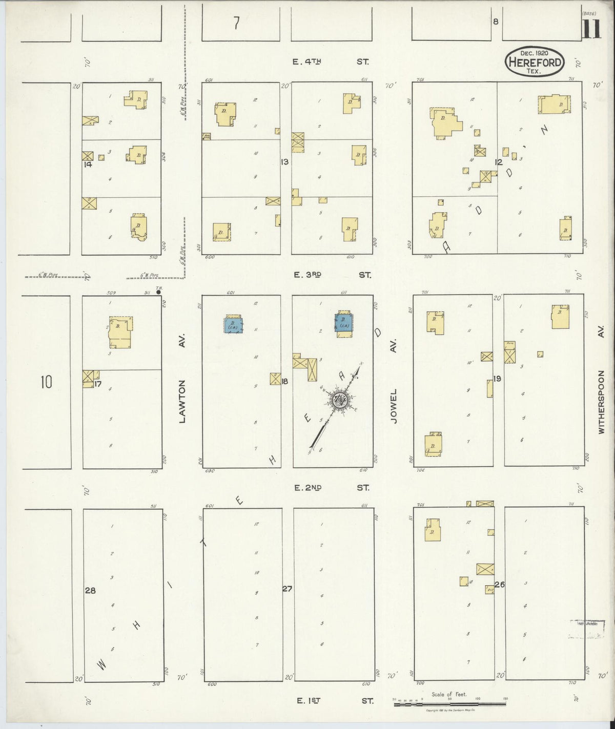 Sanborn Fire Insurance Map from Hereford, Deaf Smith County, Texas (1920), Sheet #0011 - Historic Sanborn Fire Insurance Map Print, vintage old map wall art, antique decor, genealogy gift, Texas Texas map