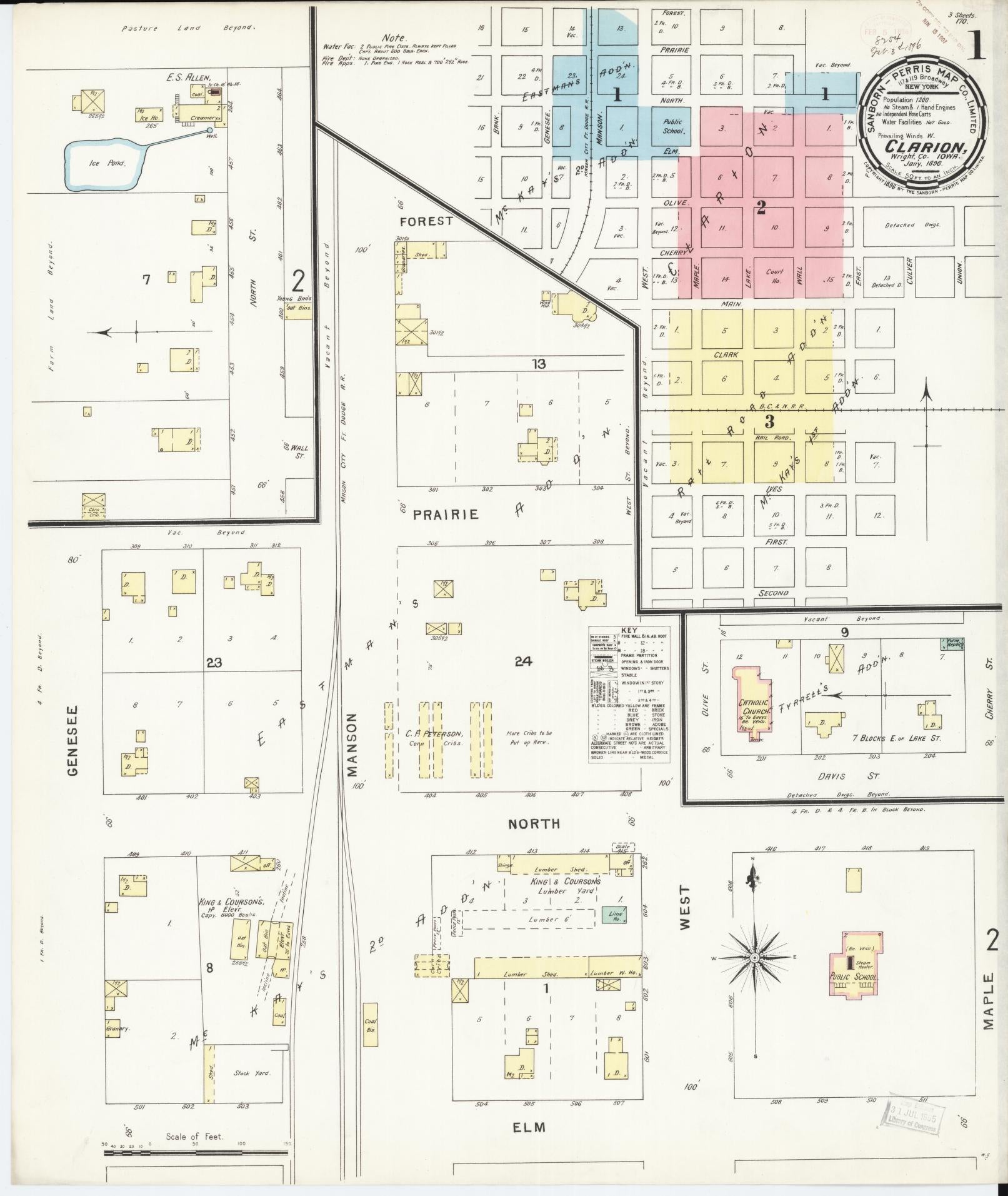 Sanborn Fire Insurance Map from Clarion, Wright County, Iowa (1896), Sheet #0001 - Historic Sanborn Fire Insurance Map Print, vintage old map wall art
