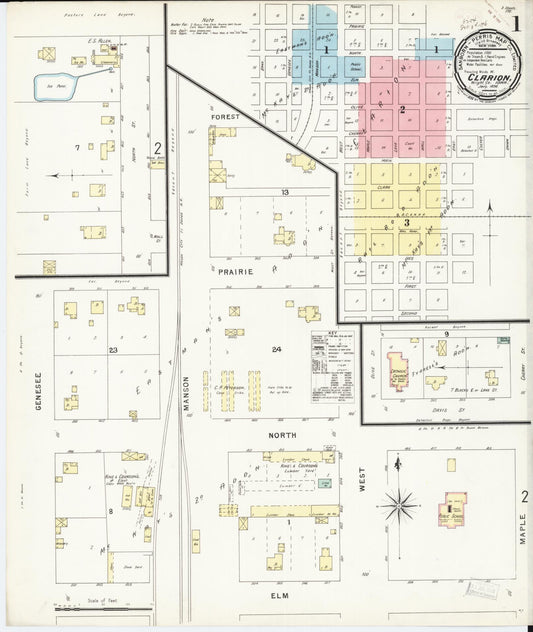 Sanborn Fire Insurance Map from Clarion, Wright County, Iowa (1896), Sheet #0001 - Historic Sanborn Fire Insurance Map Print, vintage old map wall art