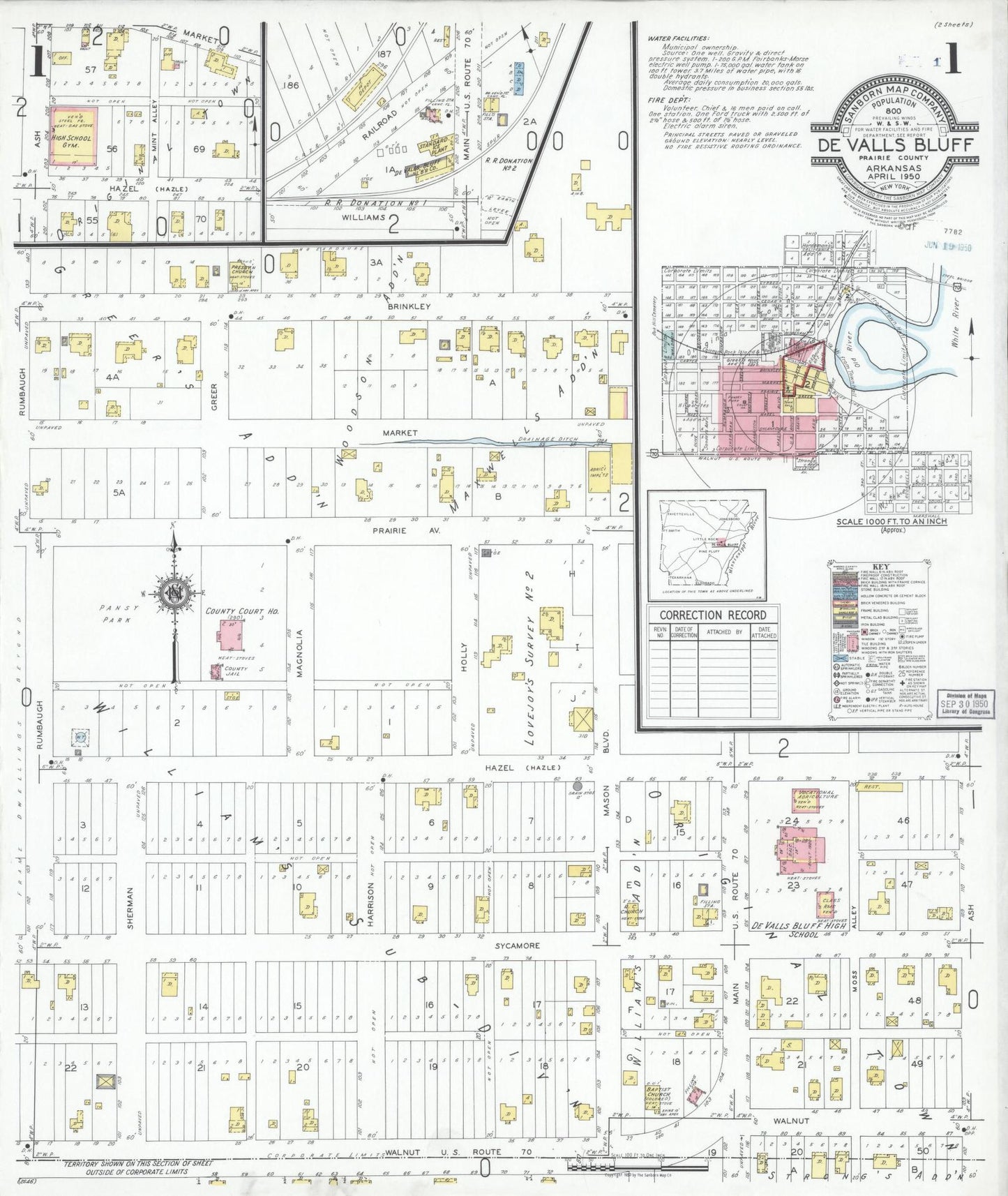 Sanborn Fire Insurance Map from De Valls Bluff, Priairie County, Arkansas (1950), Sheet #0001 - Complete Map Set gallery image, historic Sanborn map, vintage wall art, Arkansas Arkansas