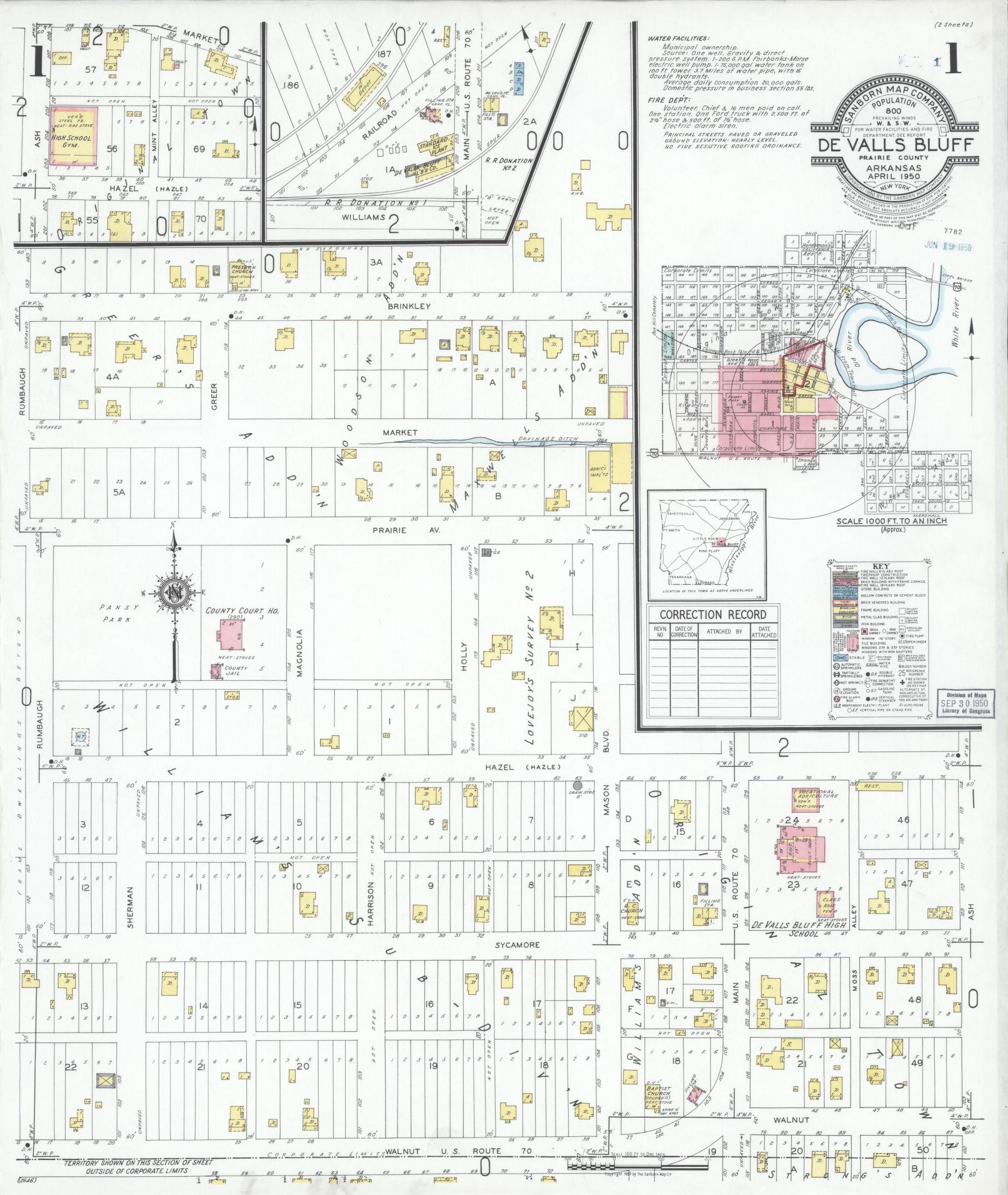 Sanborn Fire Insurance Map from De Valls Bluff, Priairie County, Arkansas (1950), Sheet #0001 - Complete Map Set gallery image, historic Sanborn map, vintage wall art, Arkansas Arkansas