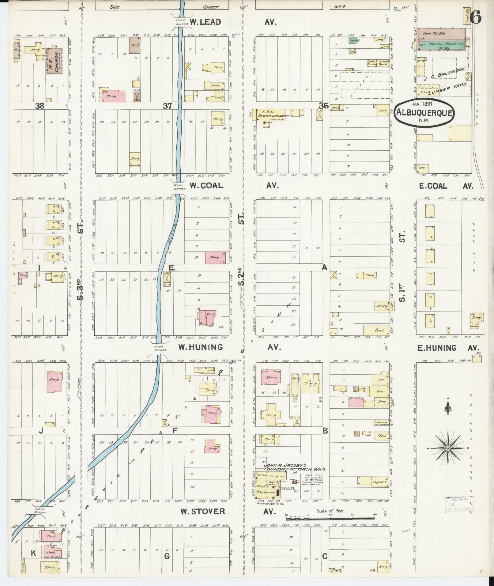 Sanborn Fire Insurance Map from Albuquerque, Bernalillo County, New Mexico (1891), Sheet #0006 - Complete Map Set gallery image, historic Sanborn map, vintage wall art, New Mexico New Mexico