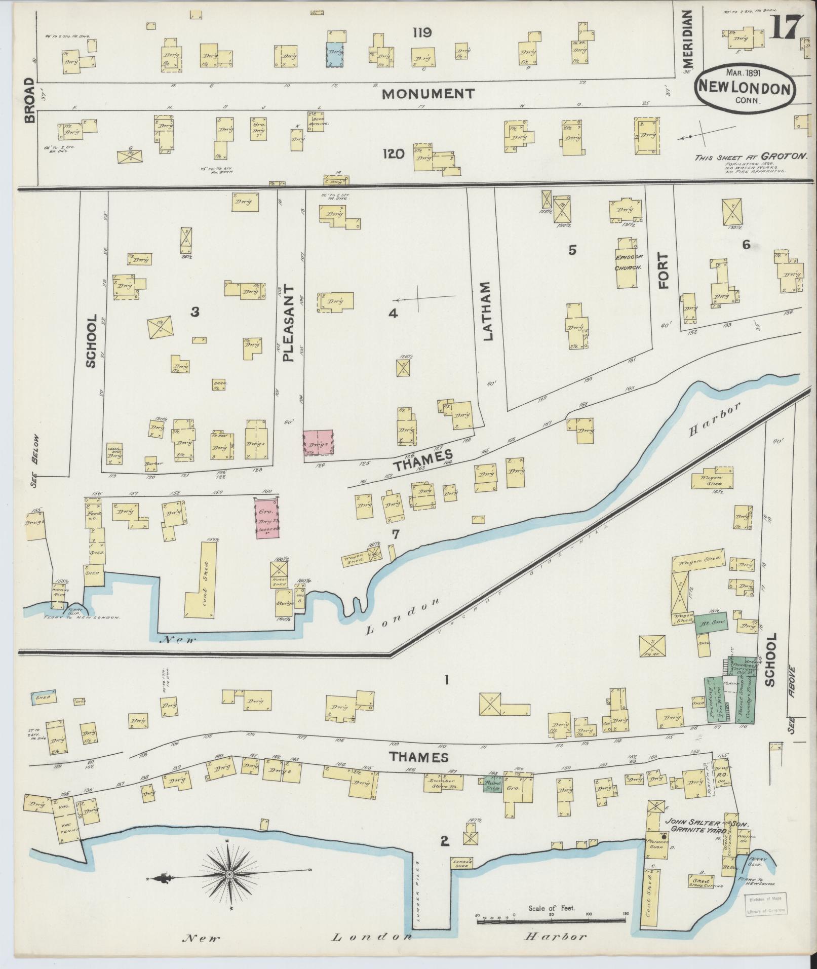 Sanborn Fire Insurance Map from New London, New London County, Connecticut (1891), Sheet #0017 - Complete Map Set gallery image, historic Sanborn map, vintage wall art, Connecticut Connecticut