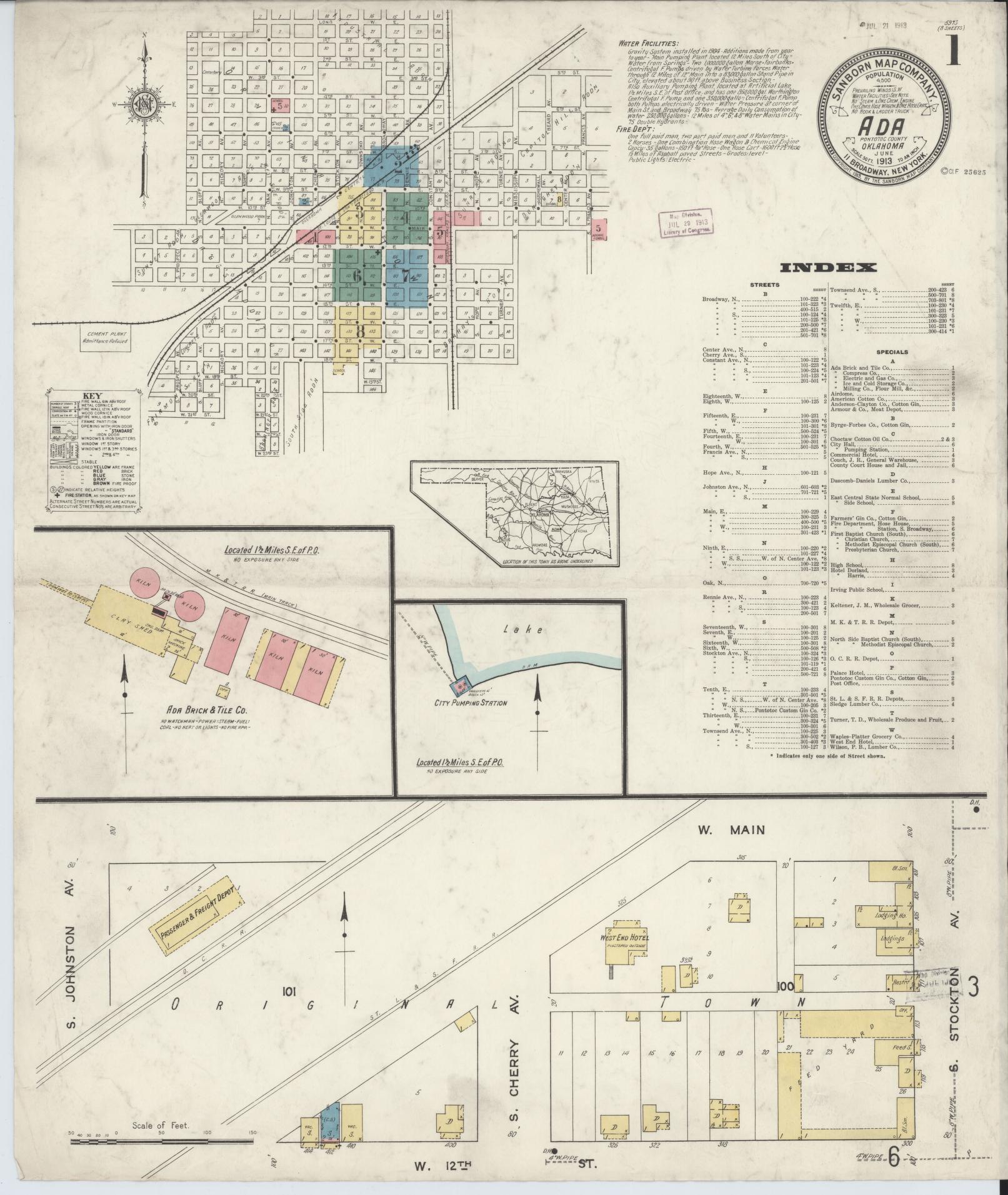 Sanborn Fire Insurance Map from Ada, Pontotoc County, Oklahoma. (1913) – Historic Sanborn Fire Insurance Map Print