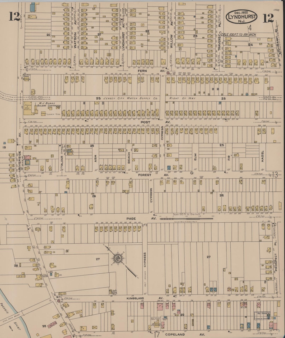 Sanborn Fire Insurance Map from Lyndhurst, Bergen County, New Jersey (1922), Sheet #0012 - Complete Map Set gallery image, historic Sanborn map, vintage wall art, New Jersey New Jersey