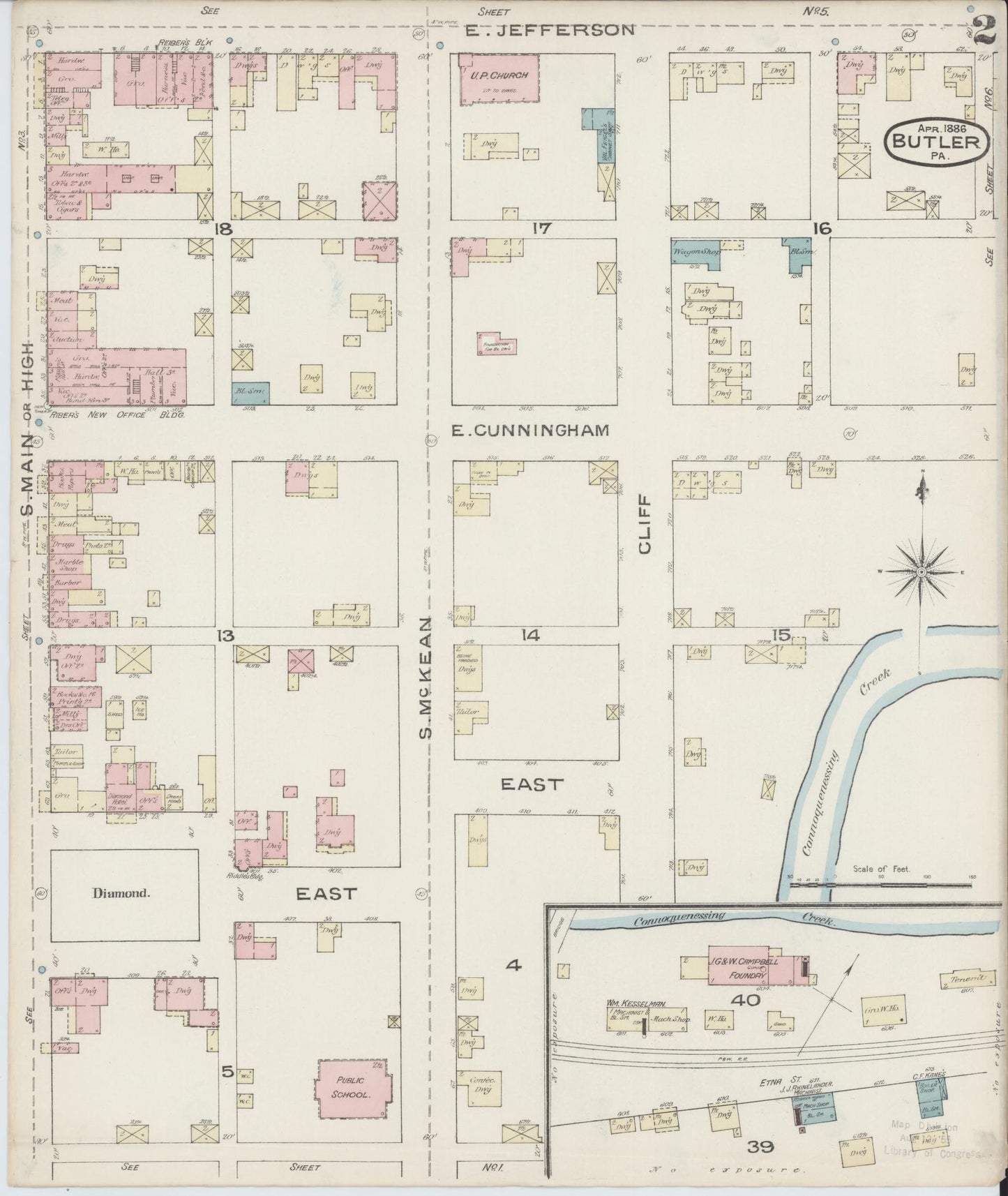 Sanborn Fire Insurance Map from Butler, Butler County, Pennsylvania (1886), Sheet #0002 - Historic Sanborn Fire Insurance Map Print, vintage old map wall art, antique decor, genealogy gift, Pennsylvania Pennsylvania map