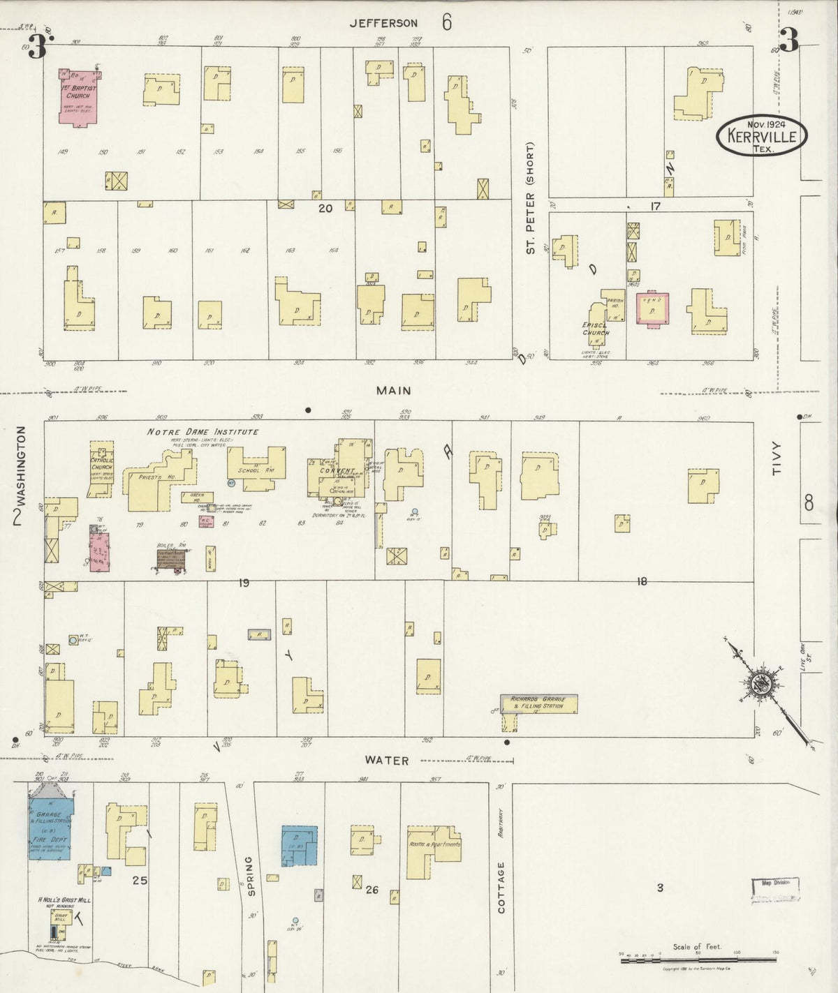 Sanborn Fire Insurance Map from Kerrville, Kerr County, Texas (1924), Sheet #0003 - Complete Map Set gallery image, historic Sanborn map, vintage wall art, Texas Texas