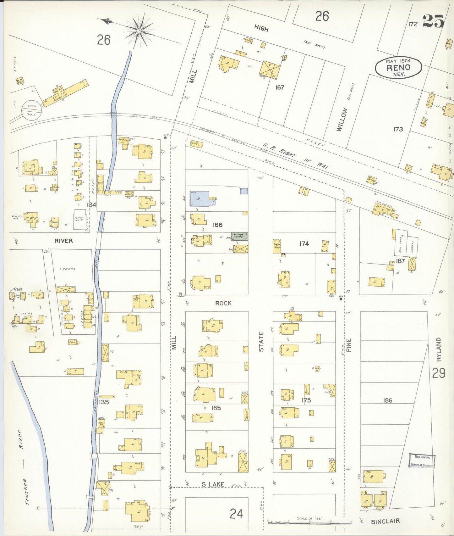 Sanborn Fire Insurance Map from Reno, Washoe County, Nevada (1904), Sheet #0025 - Historic Sanborn Fire Insurance Map Print, vintage old map wall art, antique decor, genealogy gift, Nevada Nevada map