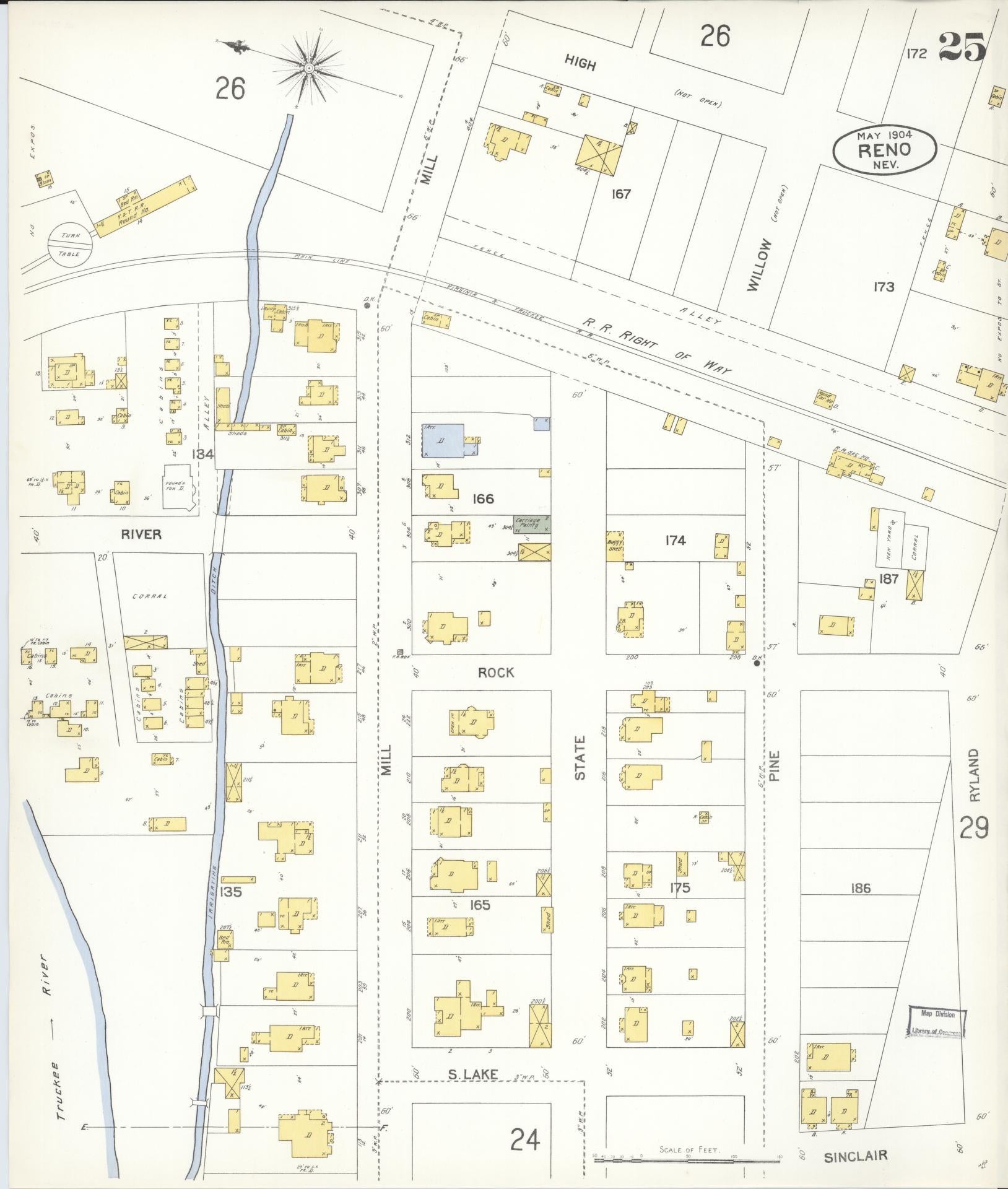 Sanborn Fire Insurance Map from Reno, Washoe County, Nevada (1904), Sheet #0025 - Historic Sanborn Fire Insurance Map Print, vintage old map wall art, antique decor, genealogy gift, Nevada Nevada map