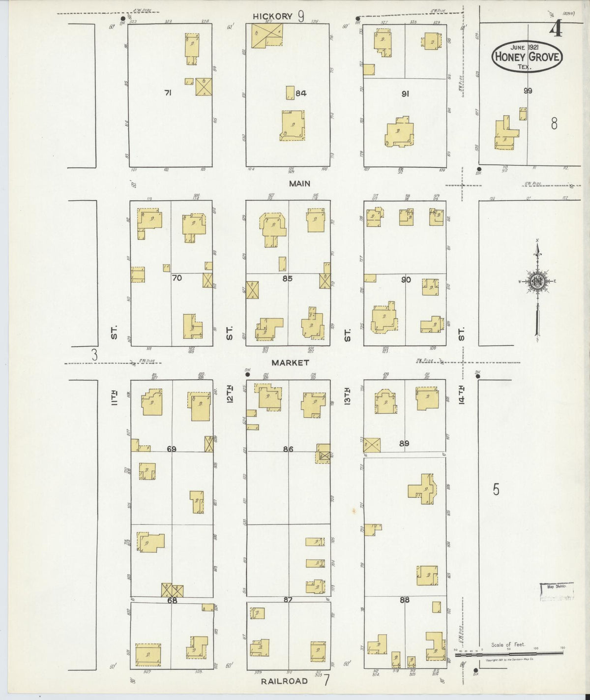 Sanborn Fire Insurance Map from Honey Grove, Fannin County, Texas (1921), Sheet #0004 - Complete Map Set gallery image, historic Sanborn map, vintage wall art, Texas Texas