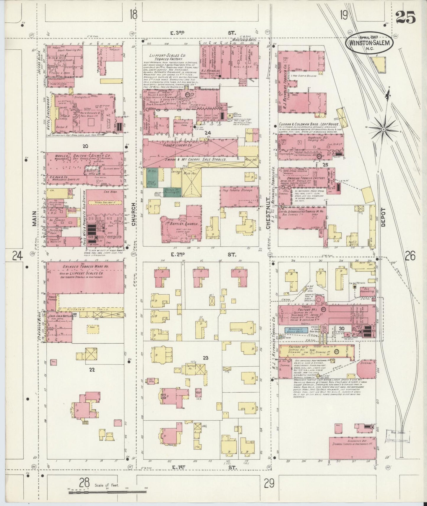 Sanborn Fire Insurance Map from Winston-Salem, Forsyth County, North Carolina (1907), Sheet #0025 - Complete Map Set gallery image, historic Sanborn map, vintage wall art, North Carolina North Carolina