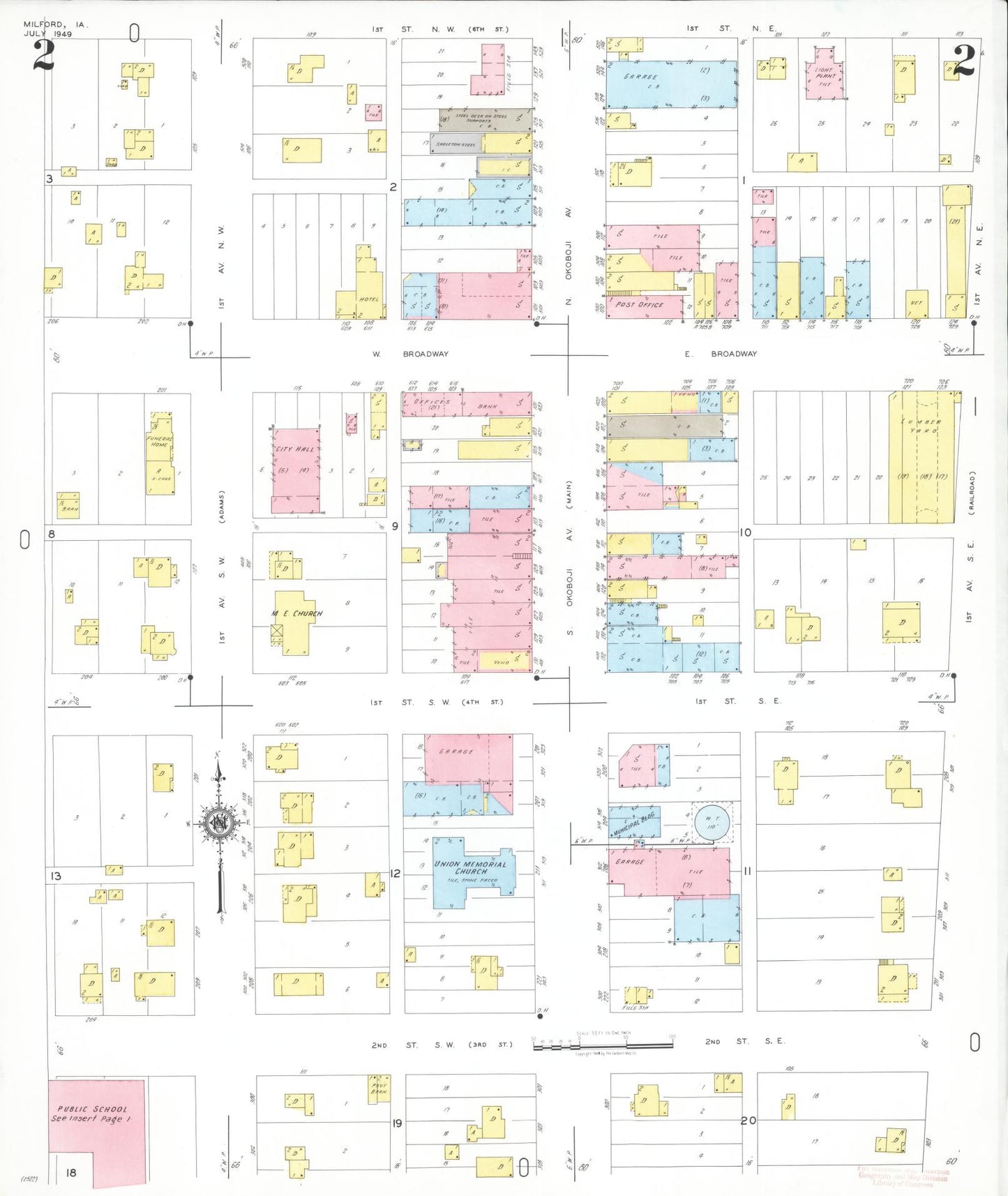 Sanborn Fire Insurance Map from Milford, Dickinson County, Iowa (1949), Sheet #0002 - Historic Sanborn Fire Insurance Map Print, vintage old map wall art