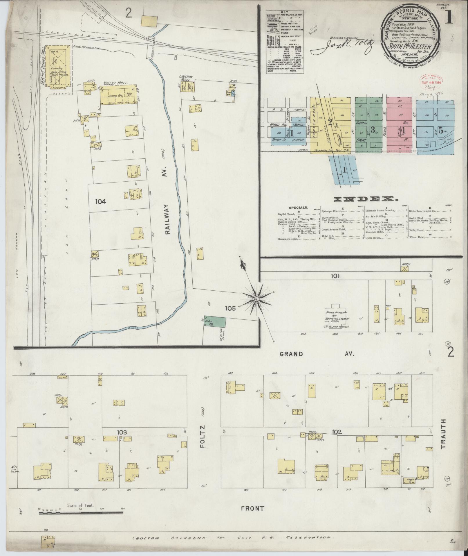 Sanborn Fire Insurance Map from South McAlester, Pittsburg County, Oklahoma (1896), Sheet #0001 - Historic Sanborn Fire Insurance Map Print, vintage old map wall art, antique decor, genealogy gift, Oklahoma Oklahoma map