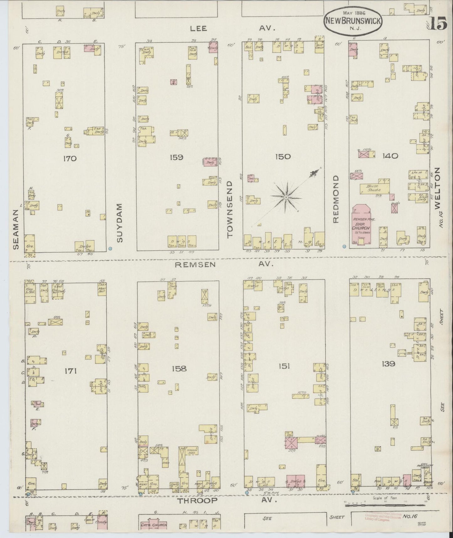Sanborn Fire Insurance Map from New Brunswick, Middlesex County, New Jersey (1886), Sheet #0015 - Historic Sanborn Fire Insurance Map Print, vintage old map wall art, antique decor, genealogy gift, New Jersey New Jersey map