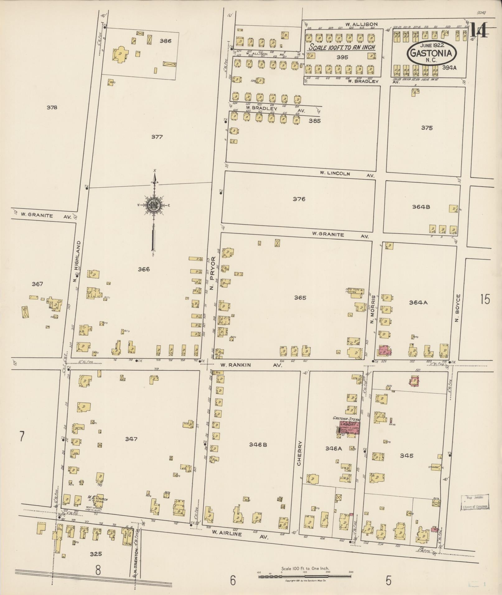 Sanborn Fire Insurance Map from Gastonia, Gaston County, North Carolina (1922), Sheet #0014 - Complete Map Set gallery image, historic Sanborn map, vintage wall art, North Carolina North Carolina