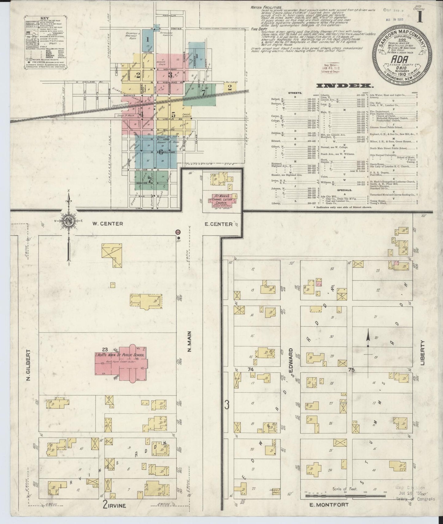 Sanborn Fire Insurance Map from Ada, Hardin County, Ohio (1910), Sheet #0001 - Historic Sanborn Fire Insurance Map Print, vintage old map wall art, antique decor, genealogy gift, Ohio Ohio map
