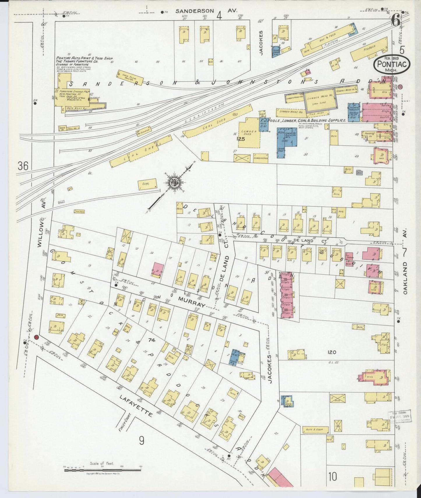 Sanborn Fire Insurance Map from Pontiac, Oakland County, Michigan (1919), Sheet #0006 - Historic Sanborn Fire Insurance Map Print, vintage old map wall art, antique decor, genealogy gift, Michigan Michigan map