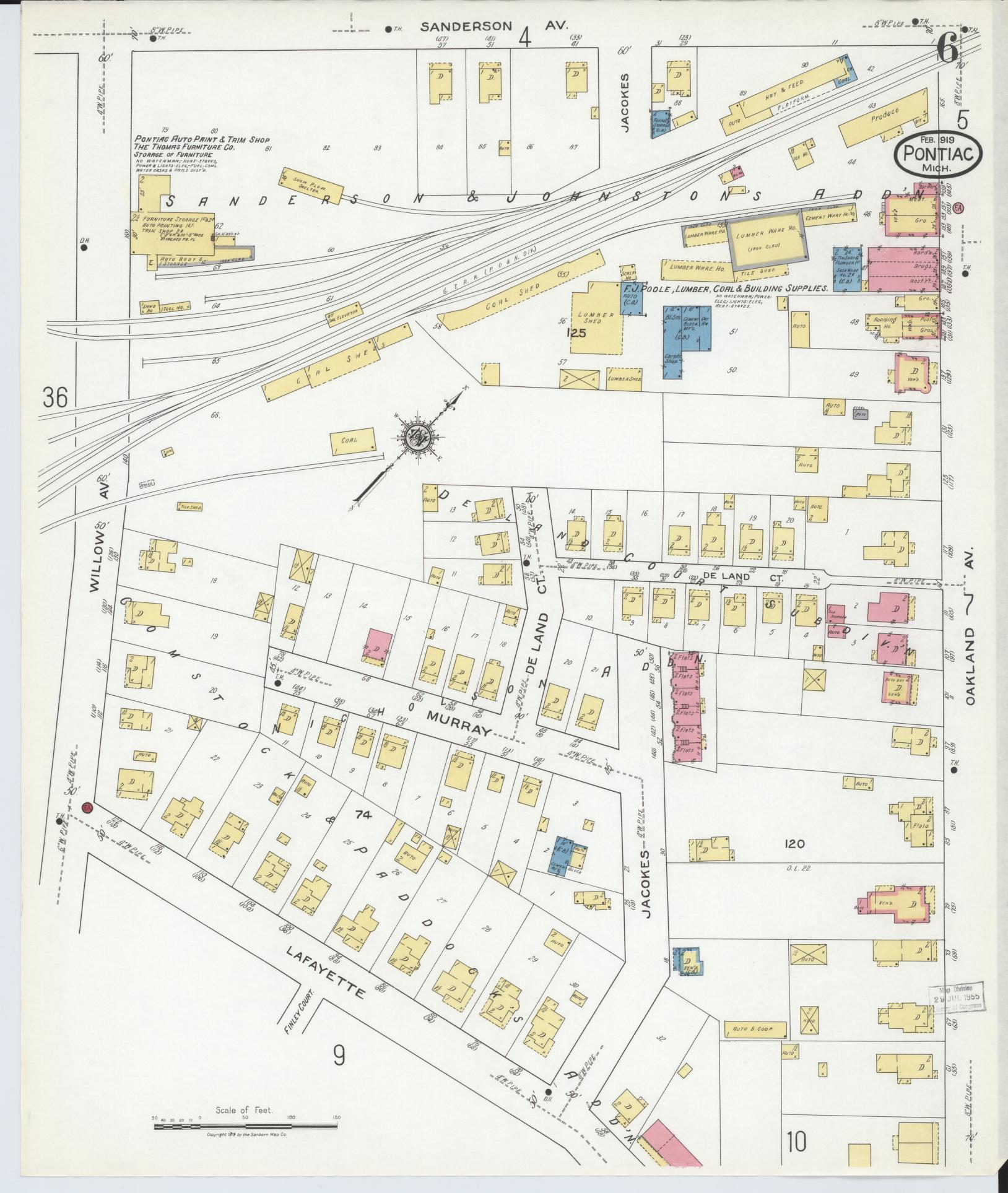 Sanborn Fire Insurance Map from Pontiac, Oakland County, Michigan (1919), Sheet #0006 - Historic Sanborn Fire Insurance Map Print, vintage old map wall art, antique decor, genealogy gift, Michigan Michigan map