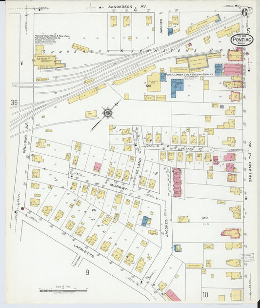 Sanborn Fire Insurance Map from Pontiac, Oakland County, Michigan (1919), Sheet #0006 - Historic Sanborn Fire Insurance Map Print, vintage old map wall art, antique decor, genealogy gift, Michigan Michigan map