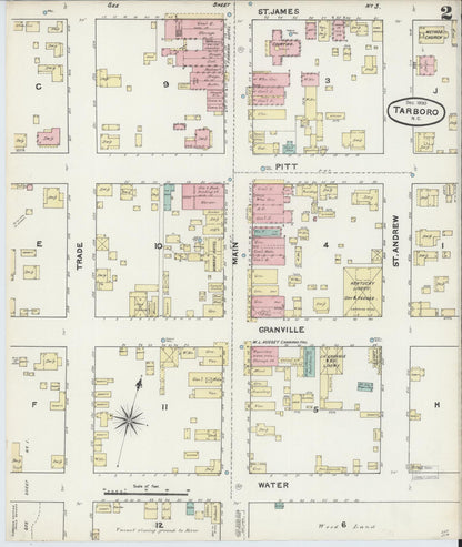 Sanborn Fire Insurance Map from Tarboro, Edgecombe County, North Carolina (1890), Sheet #0002 - Complete Map Set gallery image, historic Sanborn map, vintage wall art, North Carolina North Carolina