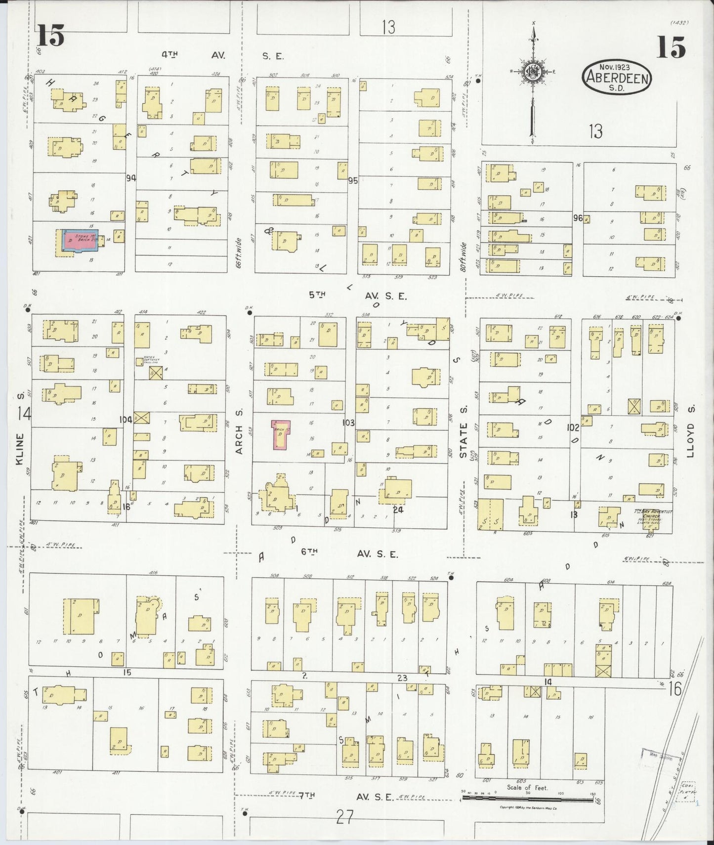 Sanborn Fire Insurance Map from Aberdeen, Brown County, South Dakota (1923), Sheet #0015 - Historic Sanborn Fire Insurance Map Print, vintage old map wall art, antique decor, genealogy gift, South Dakota South Dakota map
