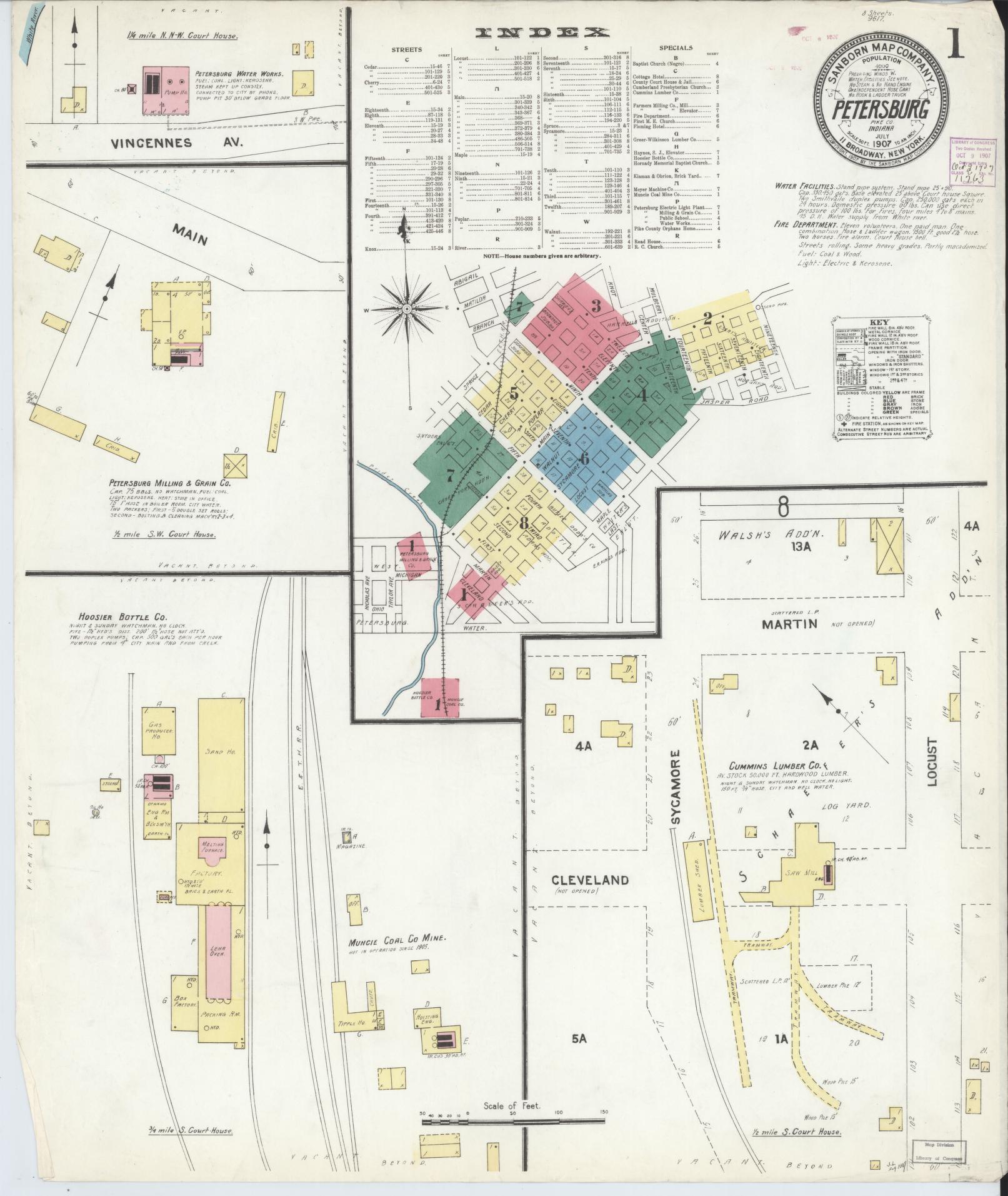 Sanborn Fire Insurance Map from Petersburg, Pike County, Indiana (1907), Sheet #0001 - Complete Map Set gallery image, historic Sanborn map, vintage wall art, Indiana Indiana