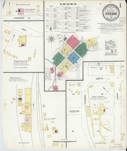 Sanborn Fire Insurance Map from Petersburg, Pike County, Indiana (1907), Sheet #0001 - Complete Map Set gallery image, historic Sanborn map, vintage wall art, Indiana Indiana
