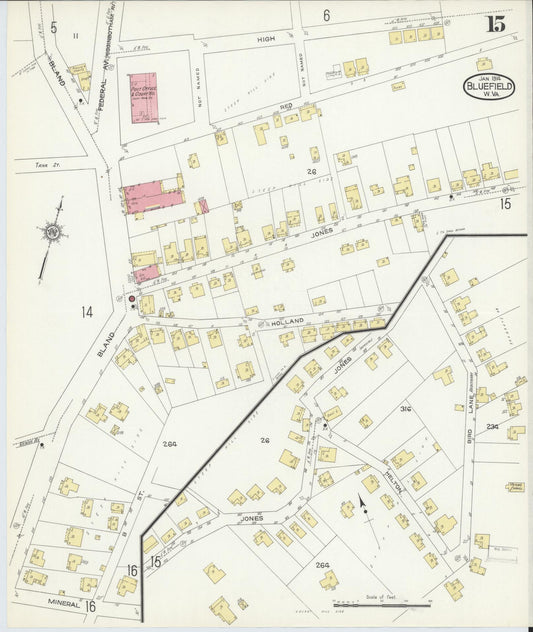 Sanborn Fire Insurance Map from Bluefield, Mercer County, West Virginia (1914), Sheet #0015 - Historic Sanborn Fire Insurance Map Print, vintage old map wall art, antique decor, genealogy gift, West Virginia West Virginia map