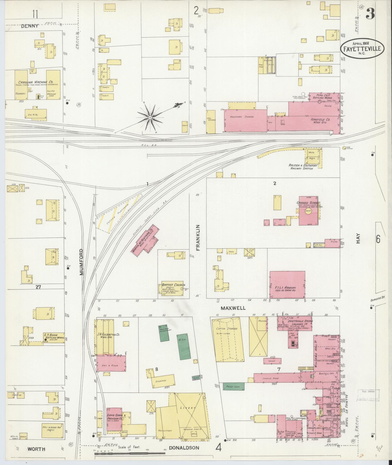 Sanborn Fire Insurance Map from Fayetteville, Cumberland County, North Carolina (1908), Sheet #0003 - Historic Sanborn Fire Insurance Map Print, vintage old map wall art, antique decor, genealogy gift, North Carolina North Carolina map