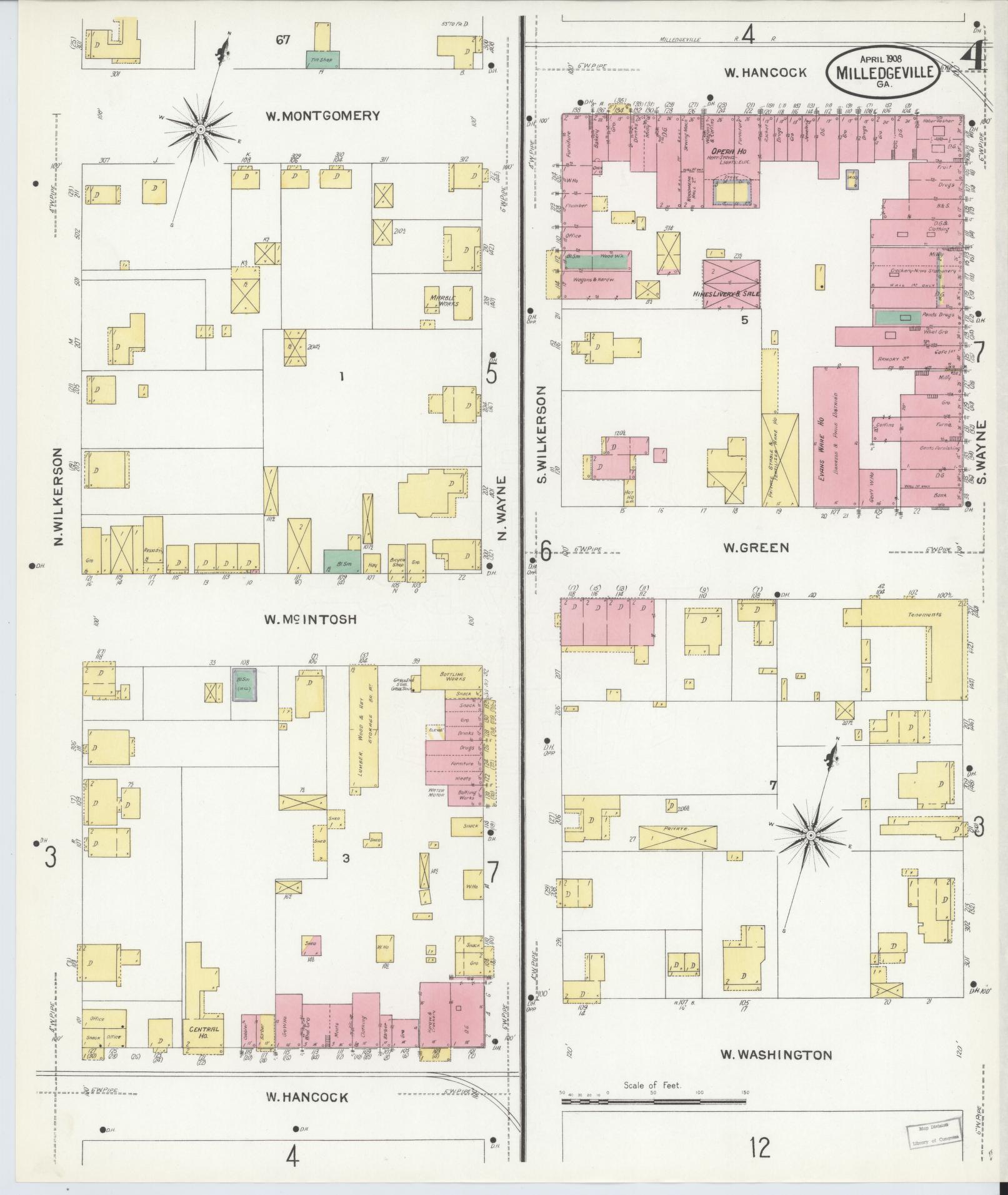 Sanborn Fire Insurance Map from Milledgeville, Baldwin County, Georgia (1908), Sheet #0004 - Historic Sanborn Fire Insurance Map Print, vintage old map wall art, antique decor, genealogy gift, Georgia Georgia map