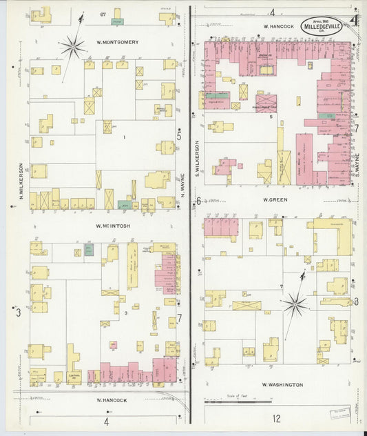 Sanborn Fire Insurance Map from Milledgeville, Baldwin County, Georgia (1908), Sheet #0004 - Historic Sanborn Fire Insurance Map Print, vintage old map wall art, antique decor, genealogy gift, Georgia Georgia map