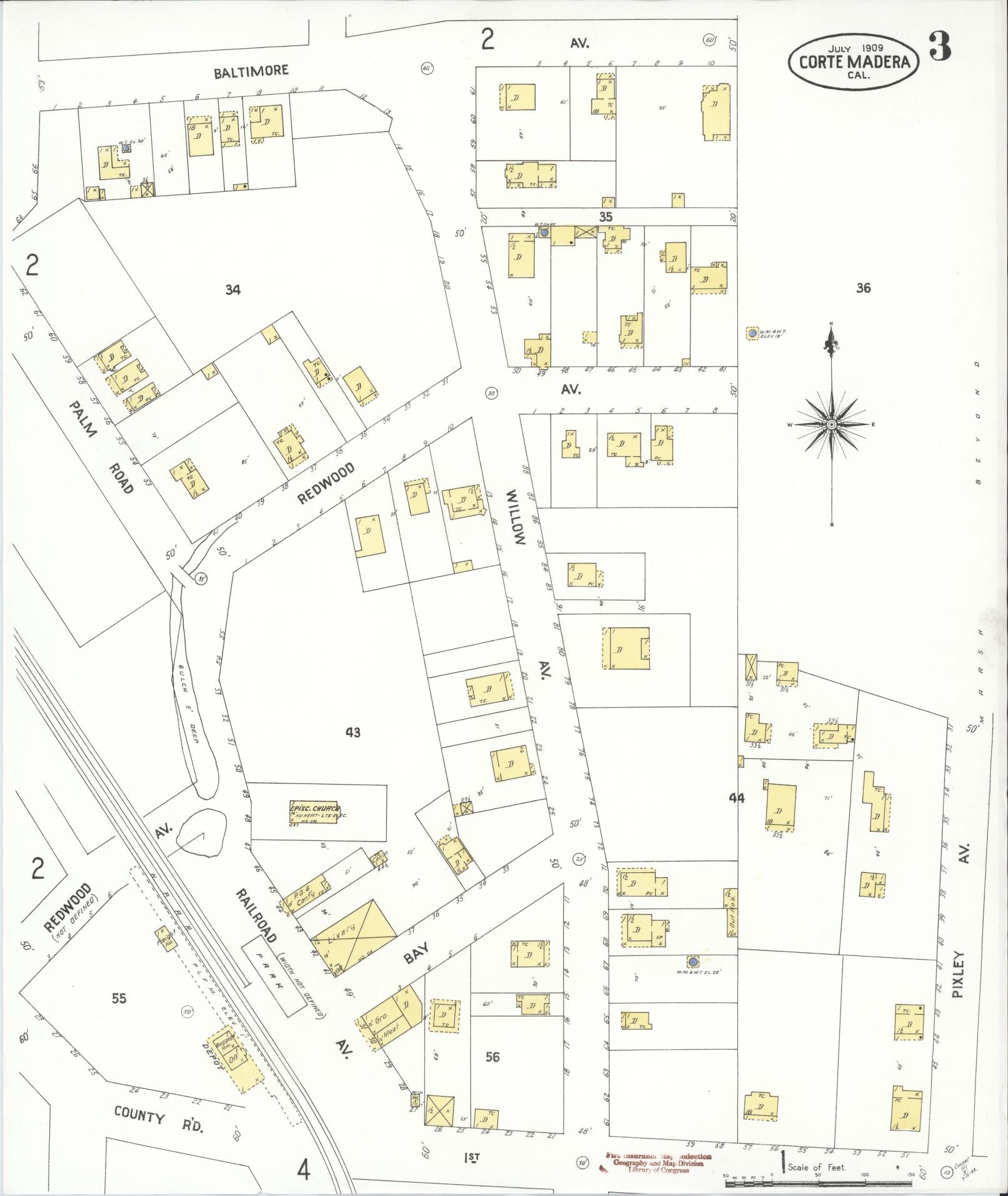 Sanborn Fire Insurance Map from Corte Madera, Marin County, California (1909), Sheet #0003 - Complete Map Set gallery image, historic Sanborn map, vintage wall art, California California