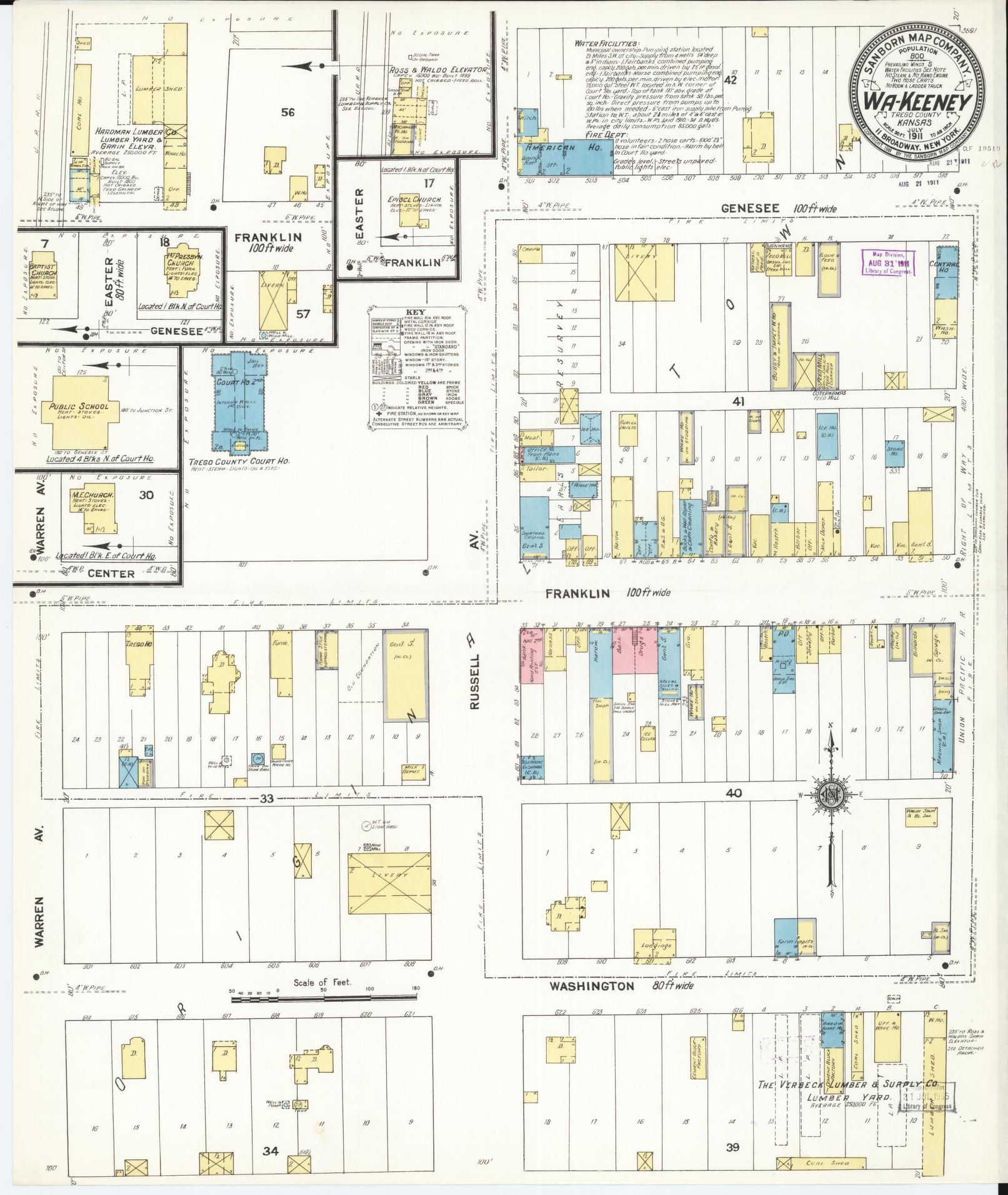 Sanborn Fire Insurance Map from Wa-keeney, Trego County, Kansas (1911), Sheet #0001 - Historic Sanborn Fire Insurance Map Print, vintage old map wall art, antique decor, genealogy gift, Kansas Kansas map