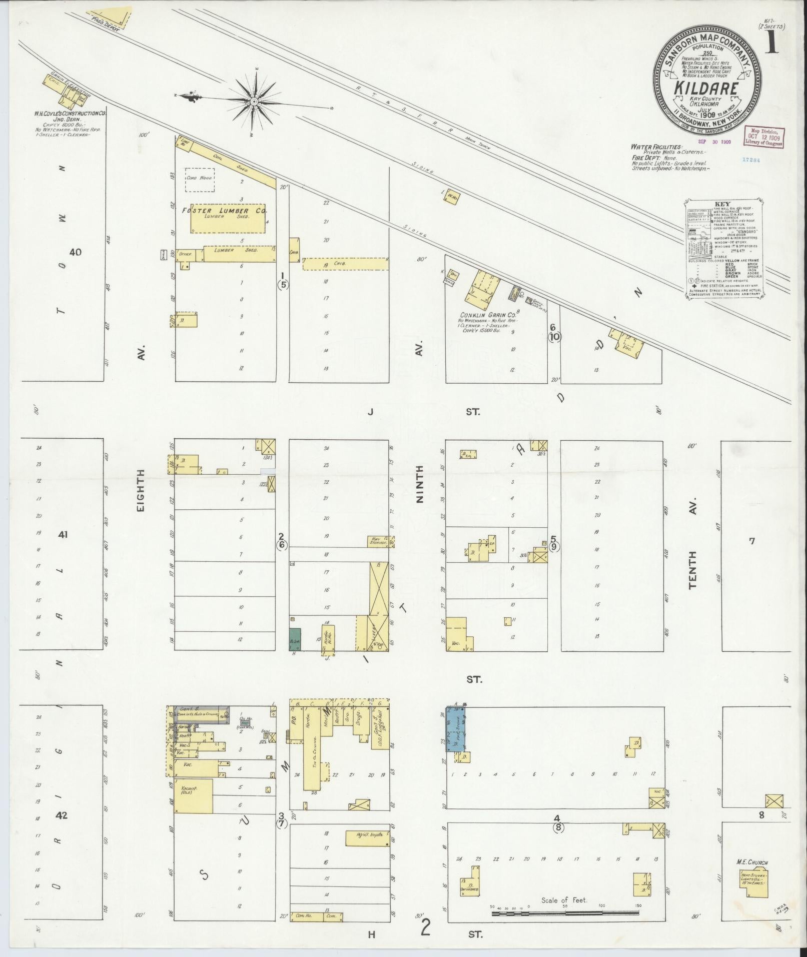 Sanborn Fire Insurance Map from Kildare, Kay County, Oklahoma (1909), Sheet #0001 - Complete Map Set gallery image, historic Sanborn map, vintage wall art, Oklahoma Oklahoma