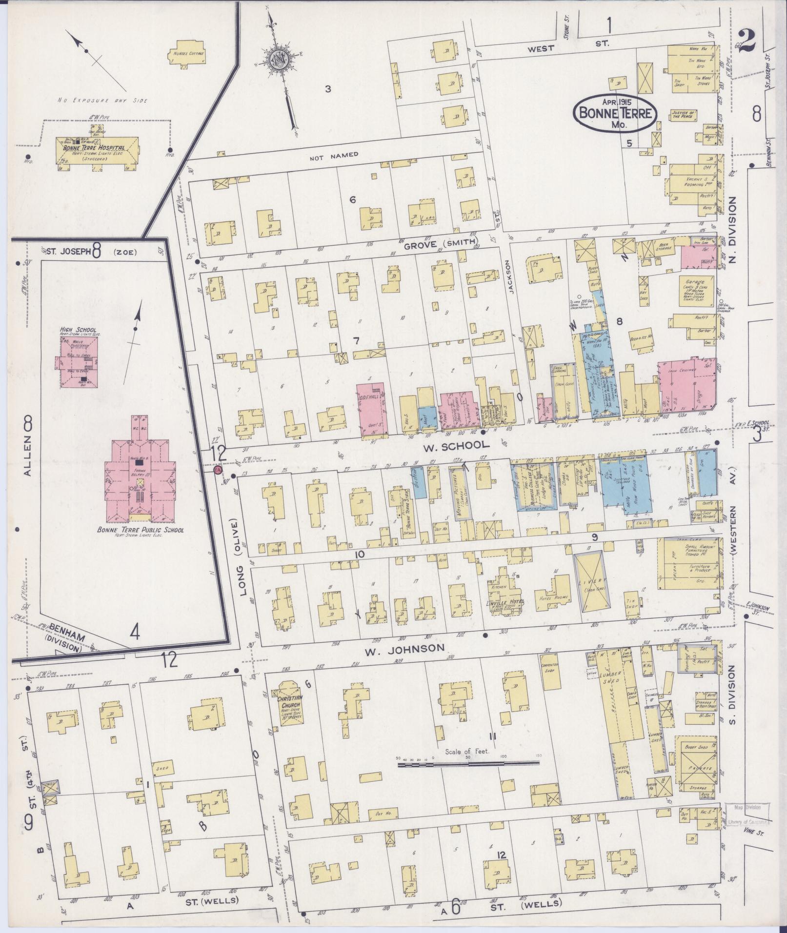 Sanborn Fire Insurance Map from Bonne Terre, Saint Francois County, Missouri (1915), Sheet #0002 - Complete Map Set gallery image, historic Sanborn map, vintage wall art, Missouri Missouri